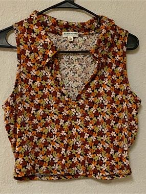 Earthbound Floral Sleeveless V-Neck Crop Top - Rust Multi - Size XL